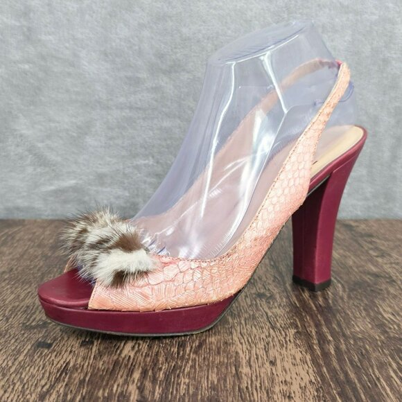 Kate Spade New York Slingback Peep Toe Heels 8.5 B Pink Red Leather Fur Scaled - Picture 1 of 16
